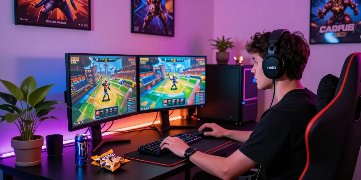 Engaged player enjoying an iwin game in a vibrant gaming setup with ambient lighting.