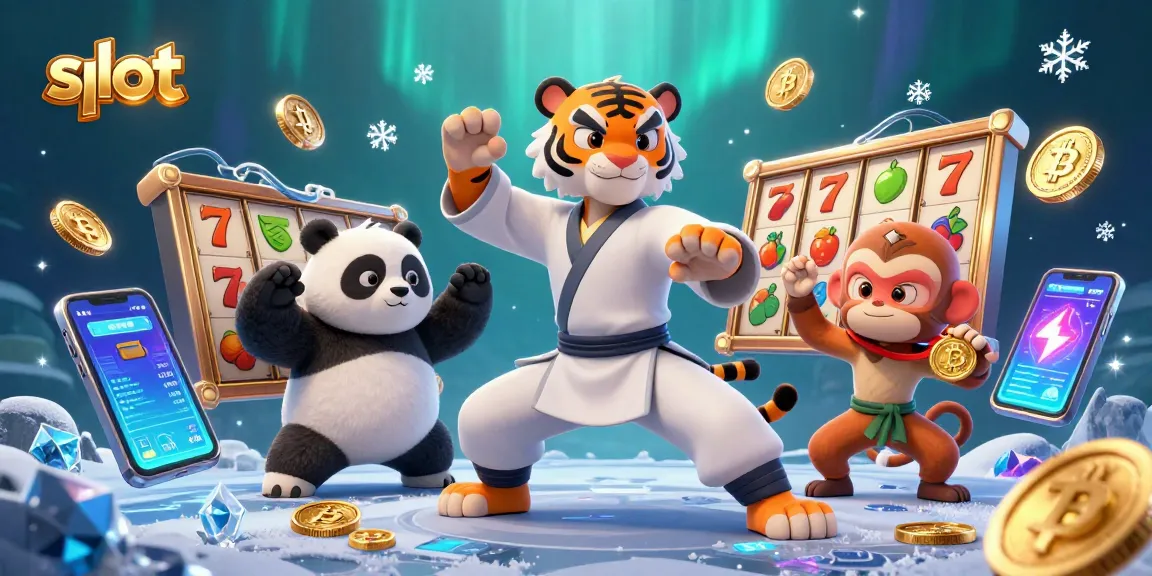 Memenangkan slot dan medali emas, ilustrasi penuh warna dengan karakter kung fu dan elemen permainan