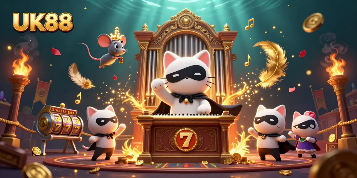 Join the excitement at UK88 with a thrilling gaming scene featuring a phantom cat and dynamic casino elements.