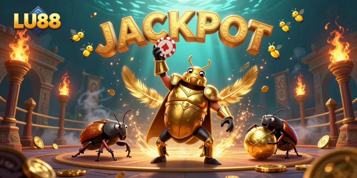 LU88 jackpot illustration with a gladiator beetle and vibrant casino elements.