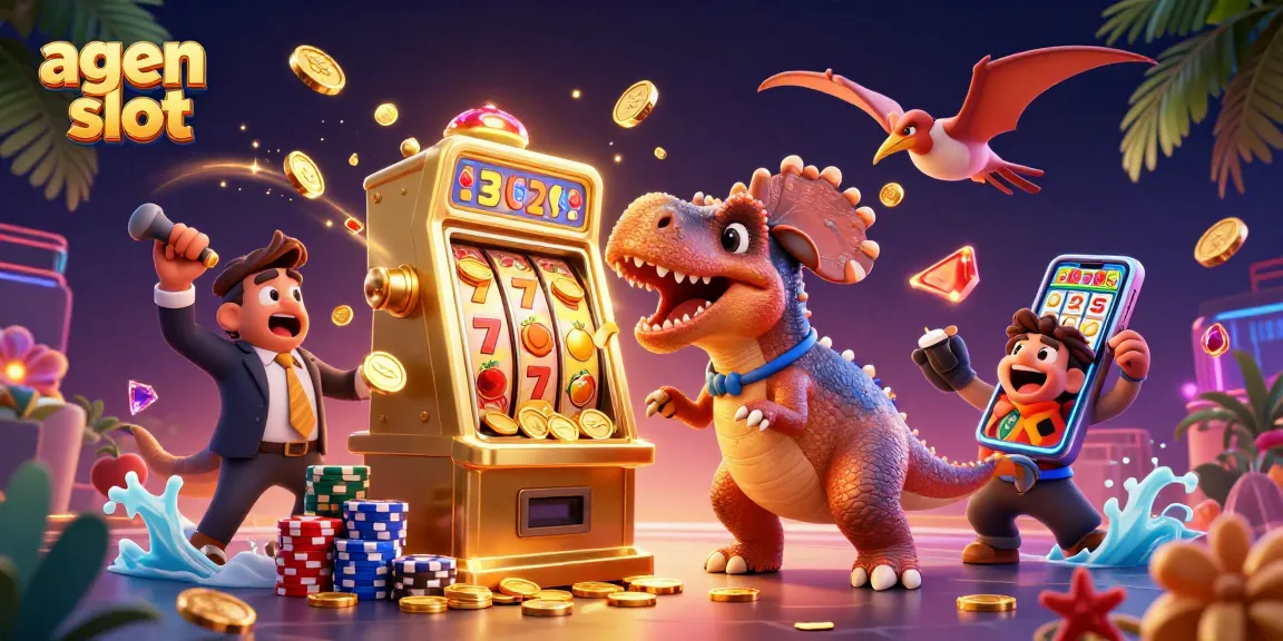 Menggairahkan pengalaman agen slot dengan dinosaurus dan mesin slot menyebarkan koin emas.