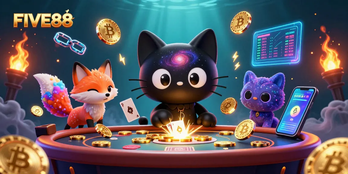 Experience FIVE88's cosmic casino magic with a black hole cat and nebula fox!